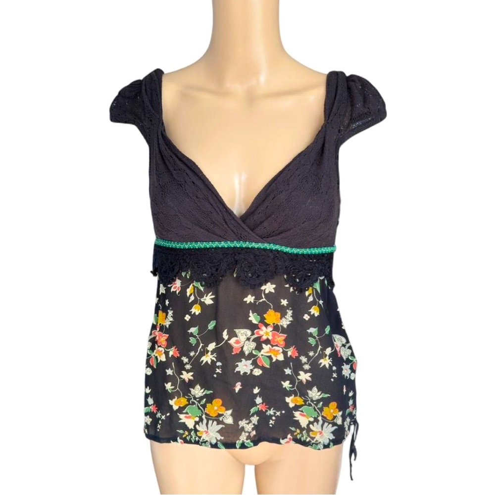 VINTAGE FREE PEOPLE BABYDOLL TOP SILK COTTON BLEND FLORAL PRINT CAP SLEEVE SZ2